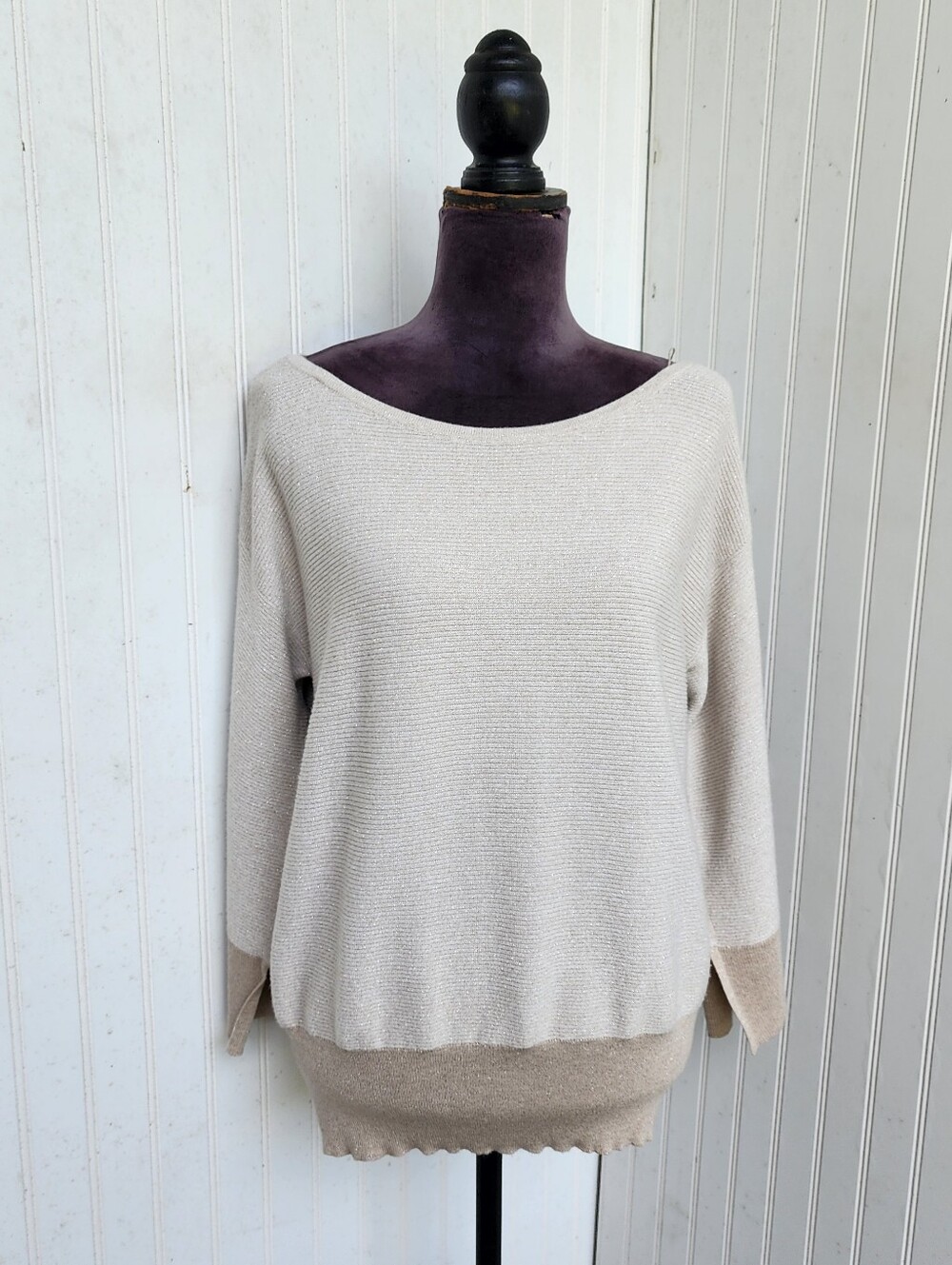 WHITE HOUSE BLACK MARKET Beige Gold Metallic Dolman Sweater Ribbed Cashmere Sz M